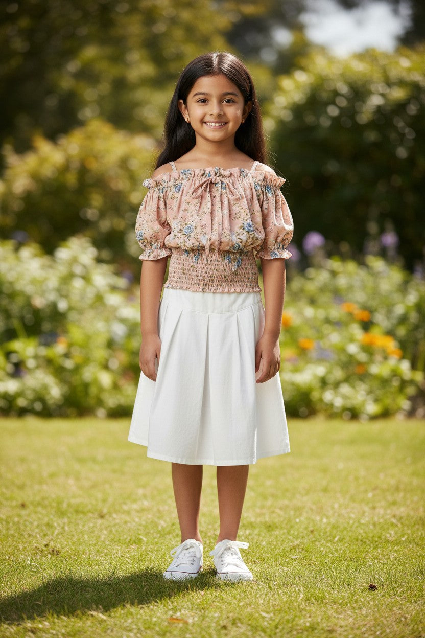 Girls Peach Floral Off-Shoulder Smocked Top – Cute & Trendy Summer Wear