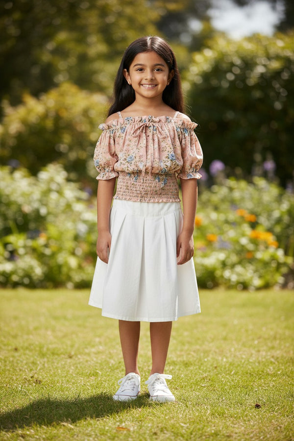 Girls Peach Floral Off-Shoulder Smocked Top – Cute & Trendy Summer Wear