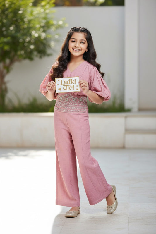 Girls Premium Pink Ethnic Co-ord Set with Embroidered Waist – Festive & Party Wear