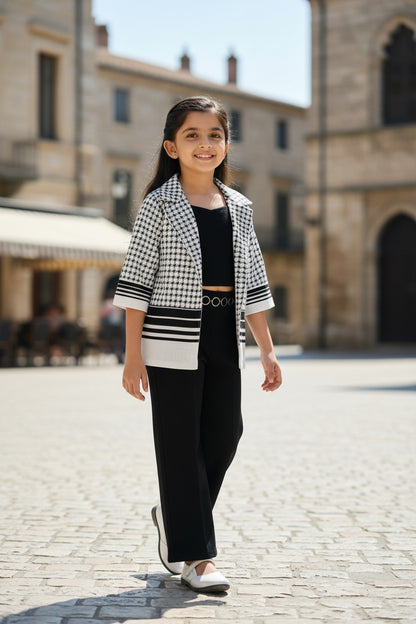 Girls Black & White Houndstooth Three-Piece Co-ord Set – Blazer, Crop Top & Wide-Leg Pants | Premium Partywear Outfit