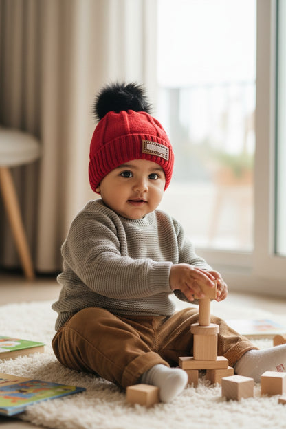 Kids Woolen Winter Cap – Red | Faux Fur Pom & Badge Detail