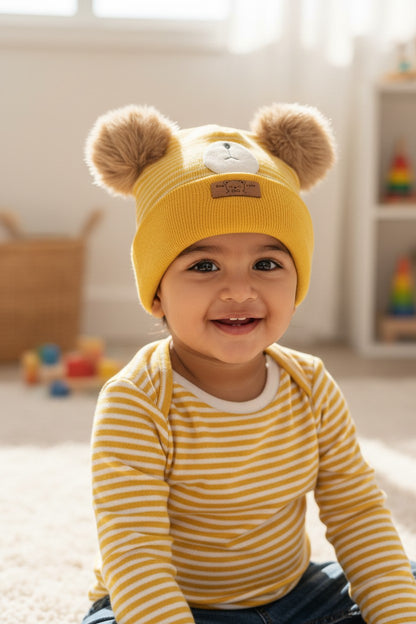 Baby/Toddler Winter Hat – Knitted Cap with Two Fur Poms & Bear Patch