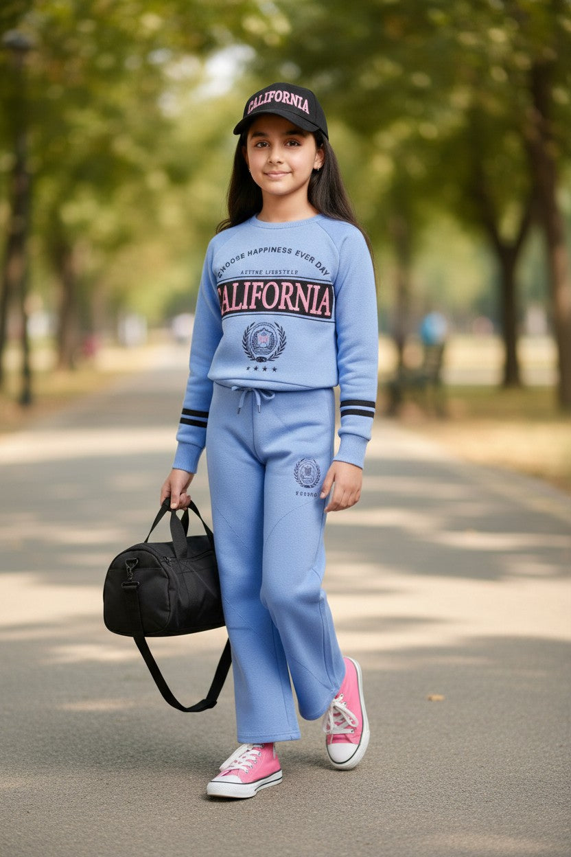 Girls California Lounge Co-ord Set – Soft Blue Sweatshirt & Wide-Leg Pants | Premium Winter Loungewear for Kids