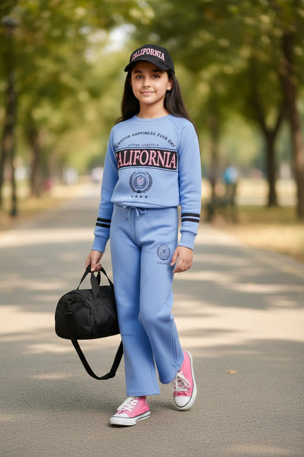 California Lounge Co-ord Set – Soft Blue Sweatshirt & Wide-Leg Pants | Girls Premium Winter Loungewear for Kids