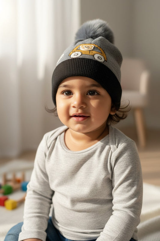 Baby/Toddler Winter Cap – Woolen Beanie Knit with Cute Car Design & Fur Pom-Pom