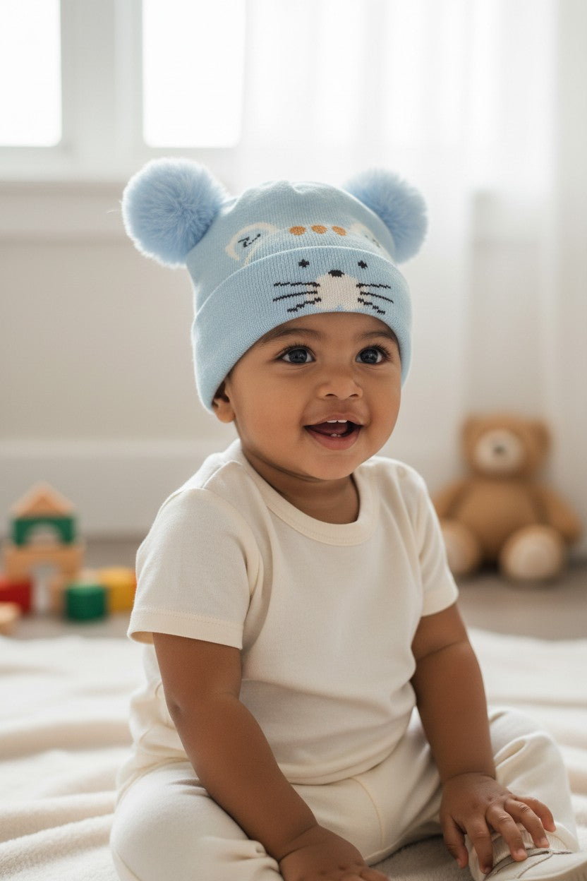 Baby/Toddler Winter Cap – Blue Knit Beanie with Bear-Ear Pom Poms