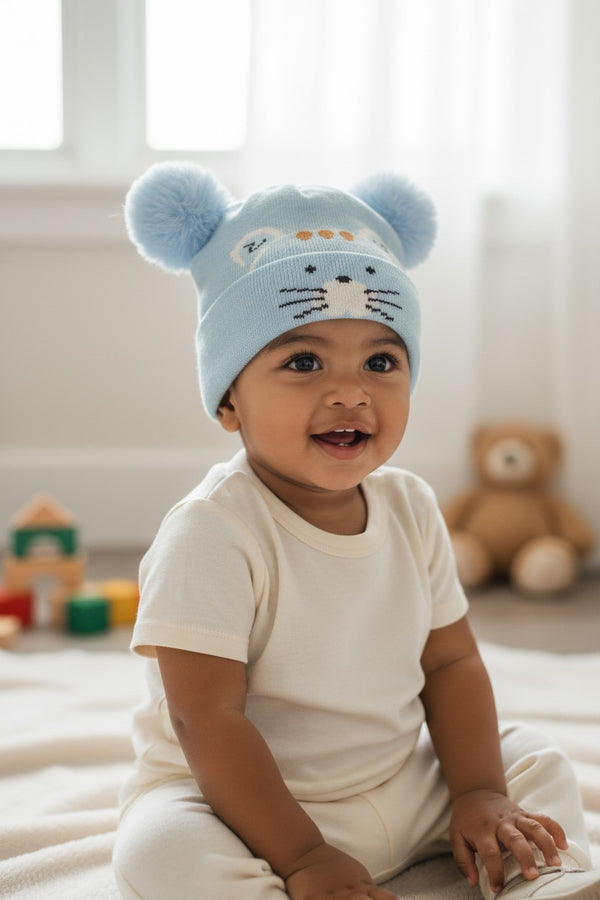 Baby/Toddler Winter Cap – Blue Knit Beanie with Bear-Ear Pom Poms