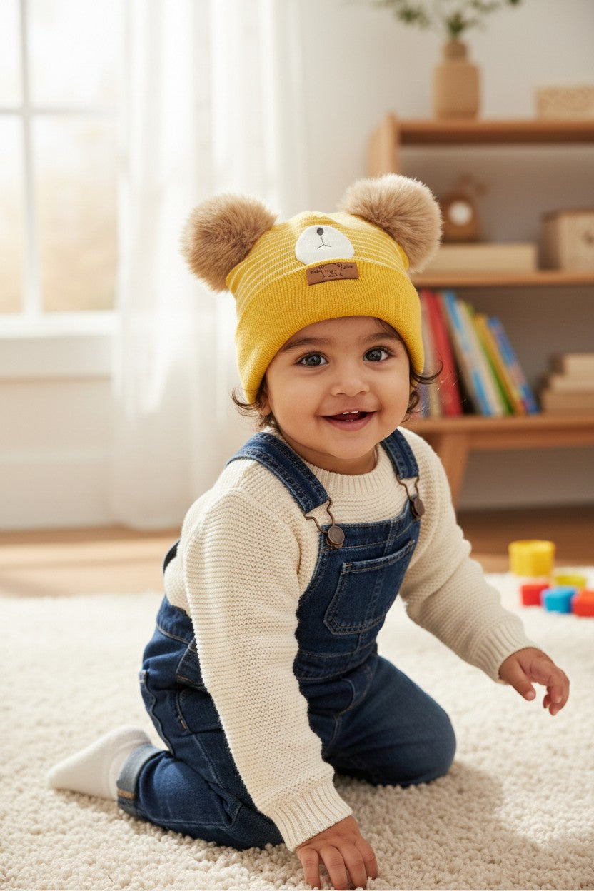 Baby/Toddler Winter Hat – Knitted Cap with Two Fur Poms & Bear Patch