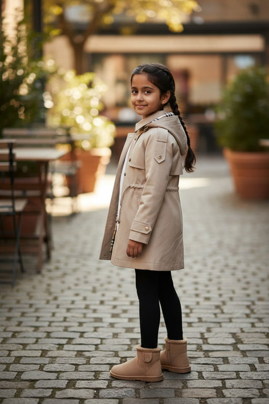 Girls Premium Beige Trench Coat – Winter Warm Long Jacket with Hood | Stylish Kids Outerwear