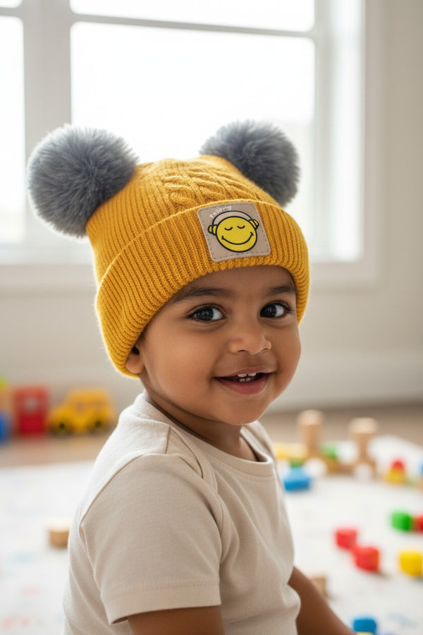 Baby/Toddler Winter Beanie – Knitted Blue Cap with Twin Fur Poms