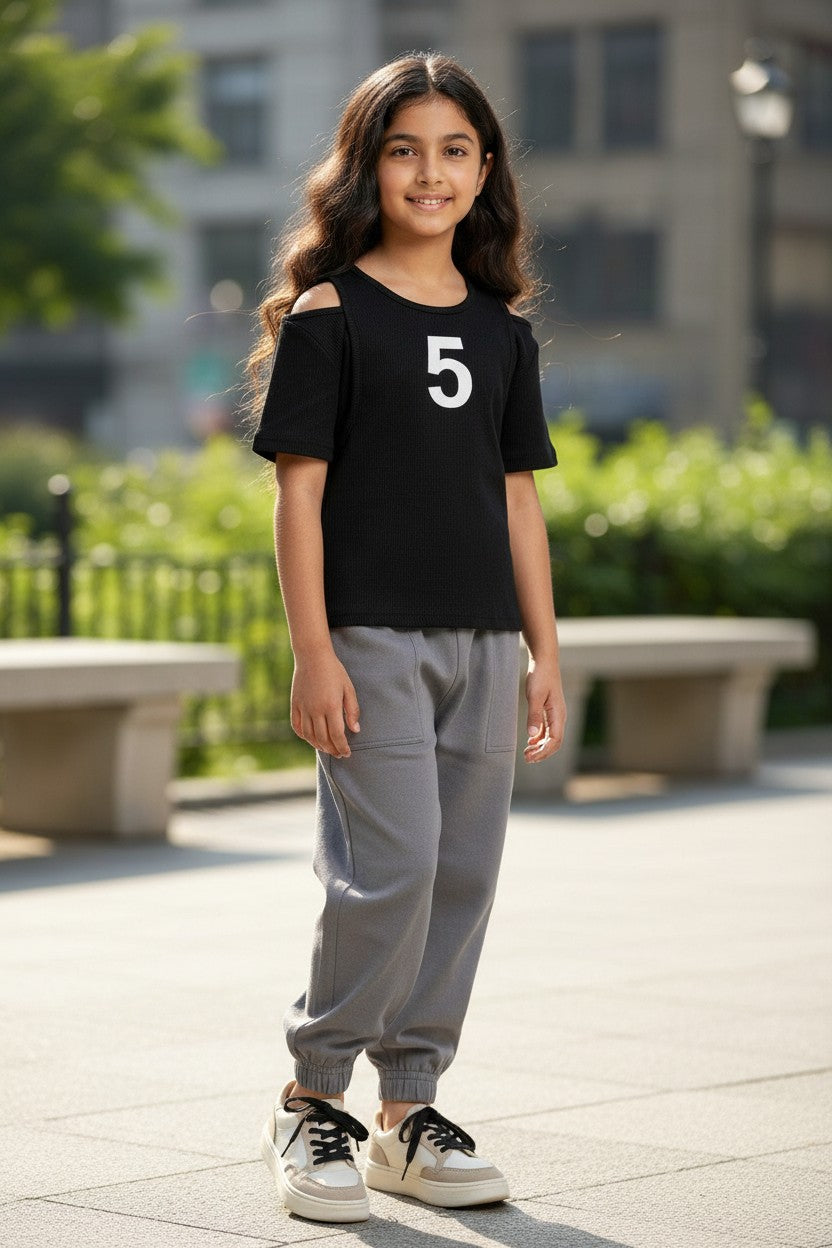Black Cold Shoulder Trendy Sporty Top for Girls