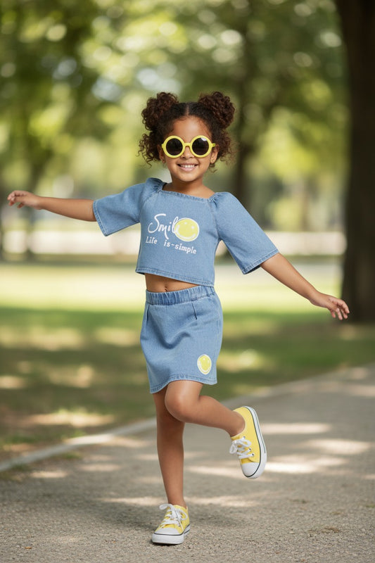 Girls Light Denim Smile Co-ord Set – Trendy Top & Skirt Set for Casual Wear