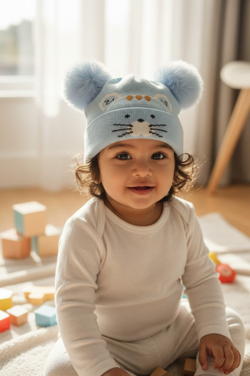Baby/Toddler Winter Cap – Blue Knit Beanie with Bear-Ear Pom Poms