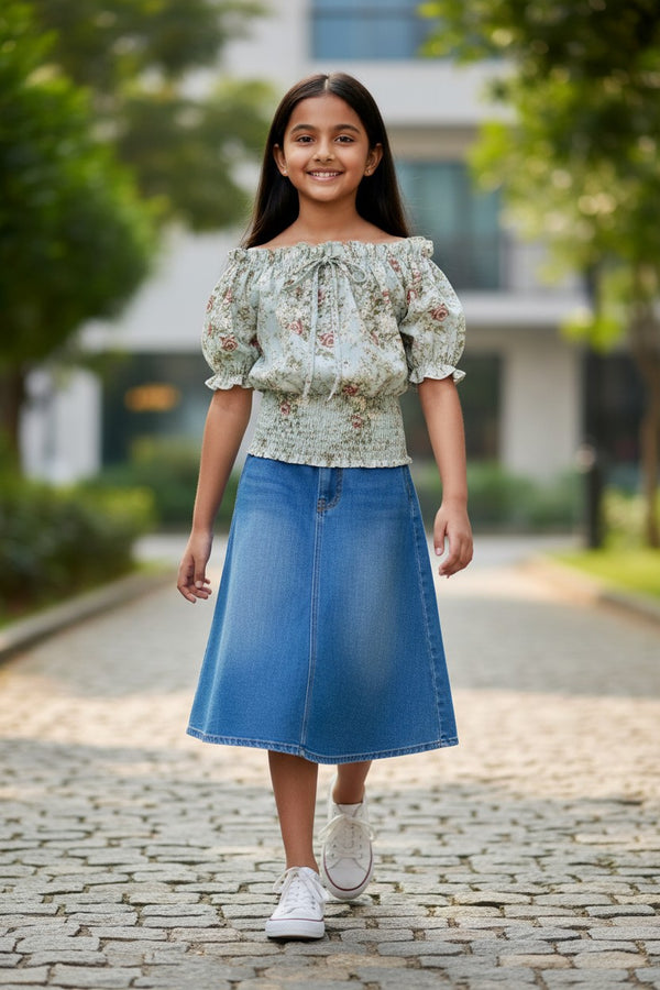 Girls Blue Floral Off-Shoulder Smocked Top – Cute & Trendy Summer Wear (Copy)