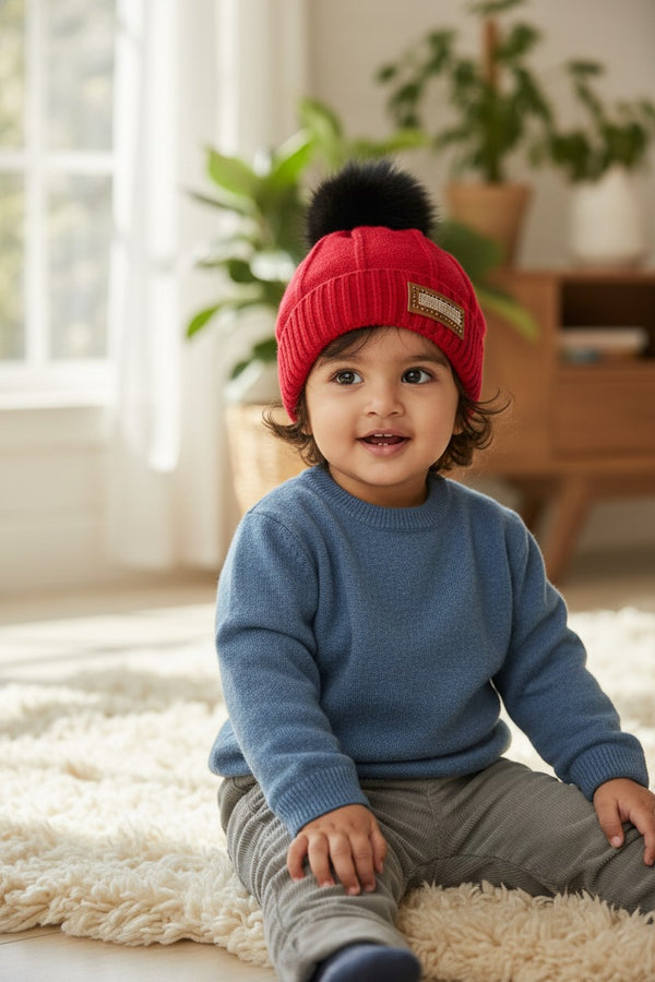 Kids Woolen Winter Cap – Red | Faux Fur Pom & Badge Detail