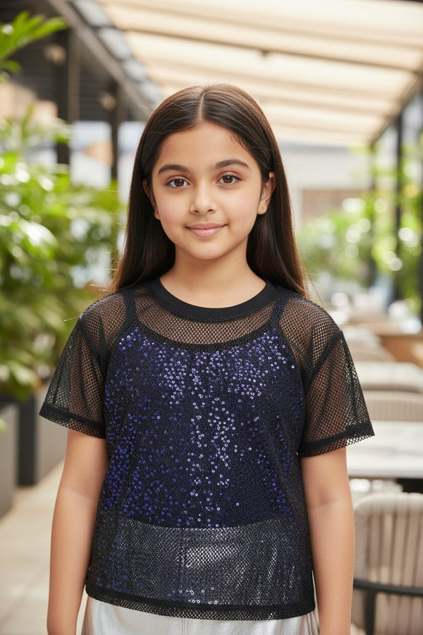 Girls Black Mesh Sequin Party Top – Trendy Western Partywear