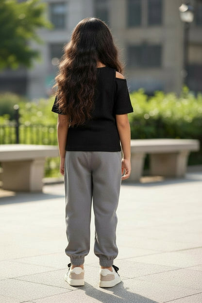 Black Cold Shoulder Trendy Sporty Top for Girls