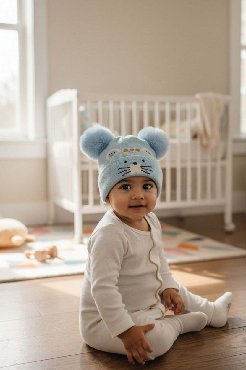 Baby/Toddler Winter Cap – Blue Knit Beanie with Bear-Ear Pom Poms