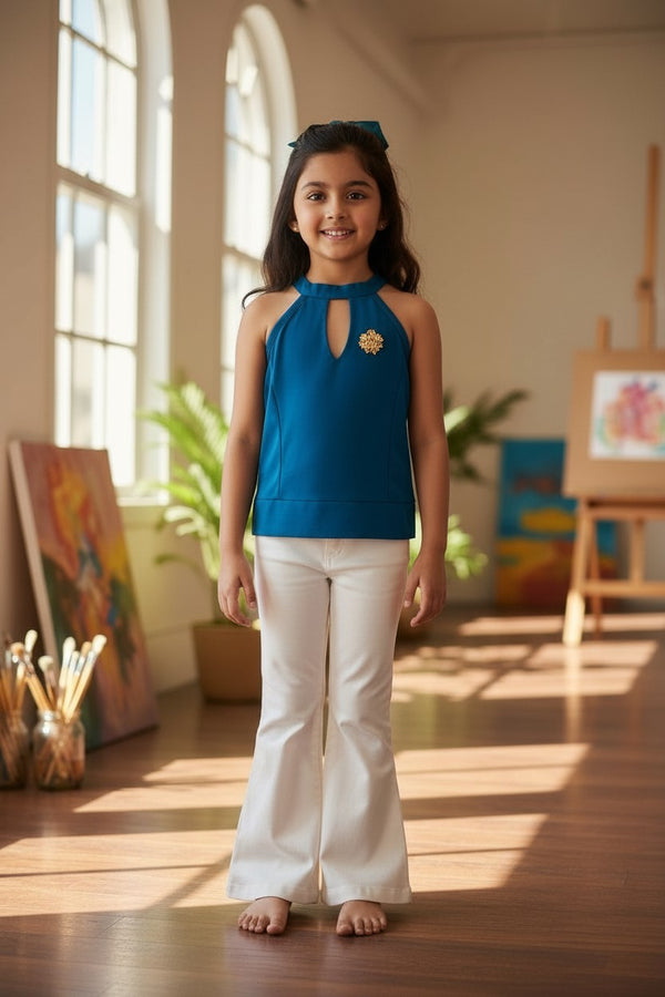 Girls Teal Halter Neck Top with Metal Ring Detail – Stylish Party & Casual Wear