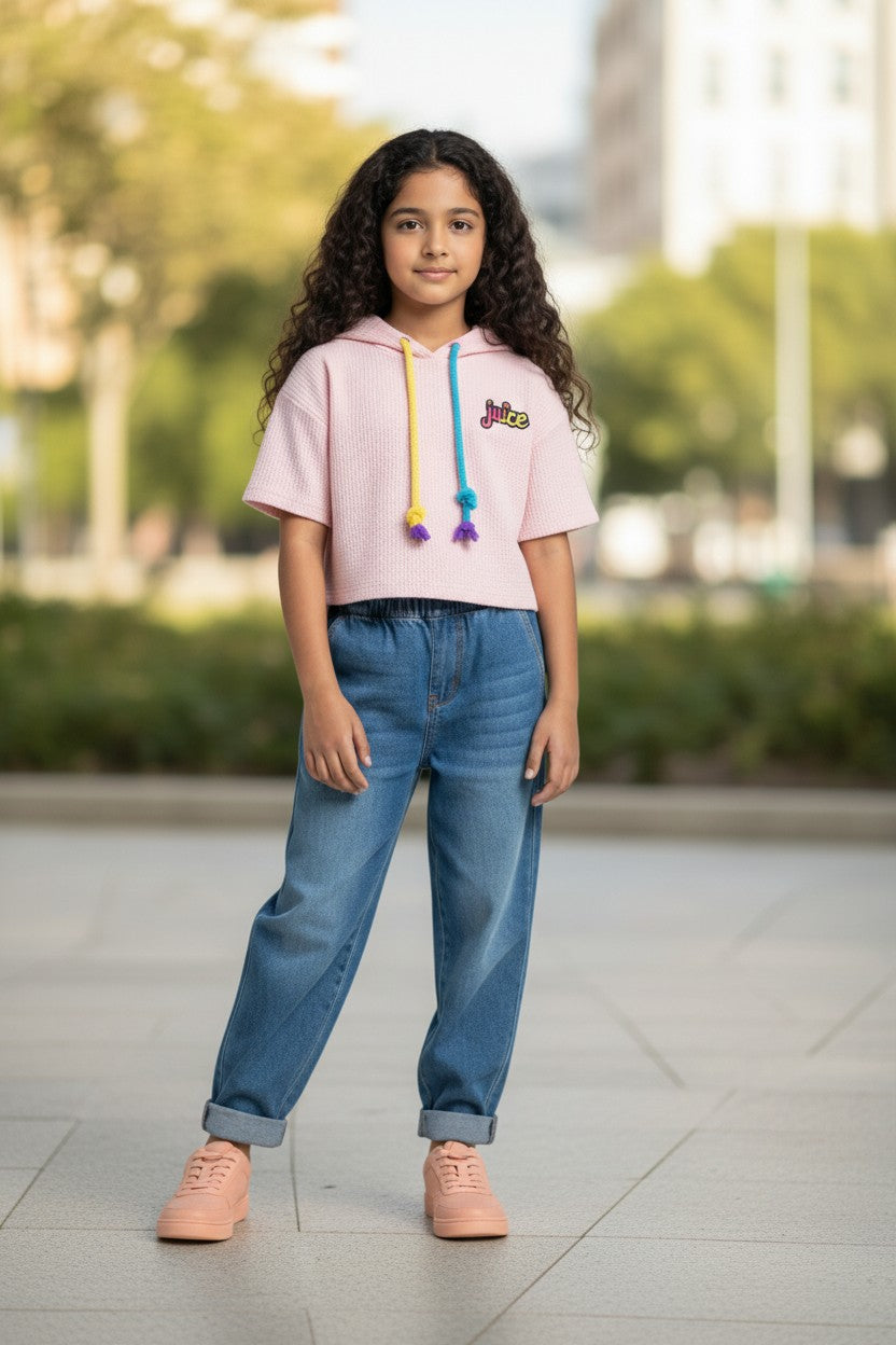 Girls Peach Short-Sleeve Hoodie with Multicolored Knotted Drawstrings