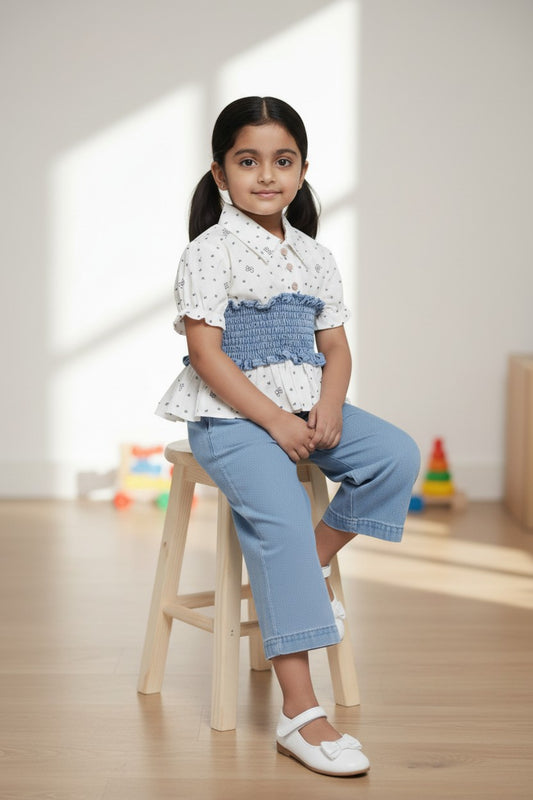 Girls White Printed Top with Smocked Waist & Bow Denim Culottes – Stylish Casual & Outing Wear